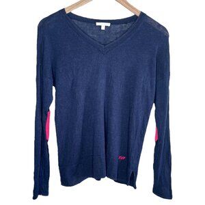 Lisa Todd Small V-Neck Blue Pull Over Sweater Sequin Pink Elbow Patches